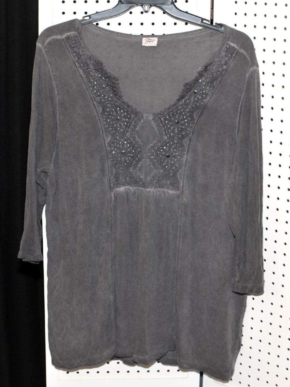 Plus Size "XX" (2X) Adrian Delafield Gray Mineral Wash Boho Lace Embellished Top